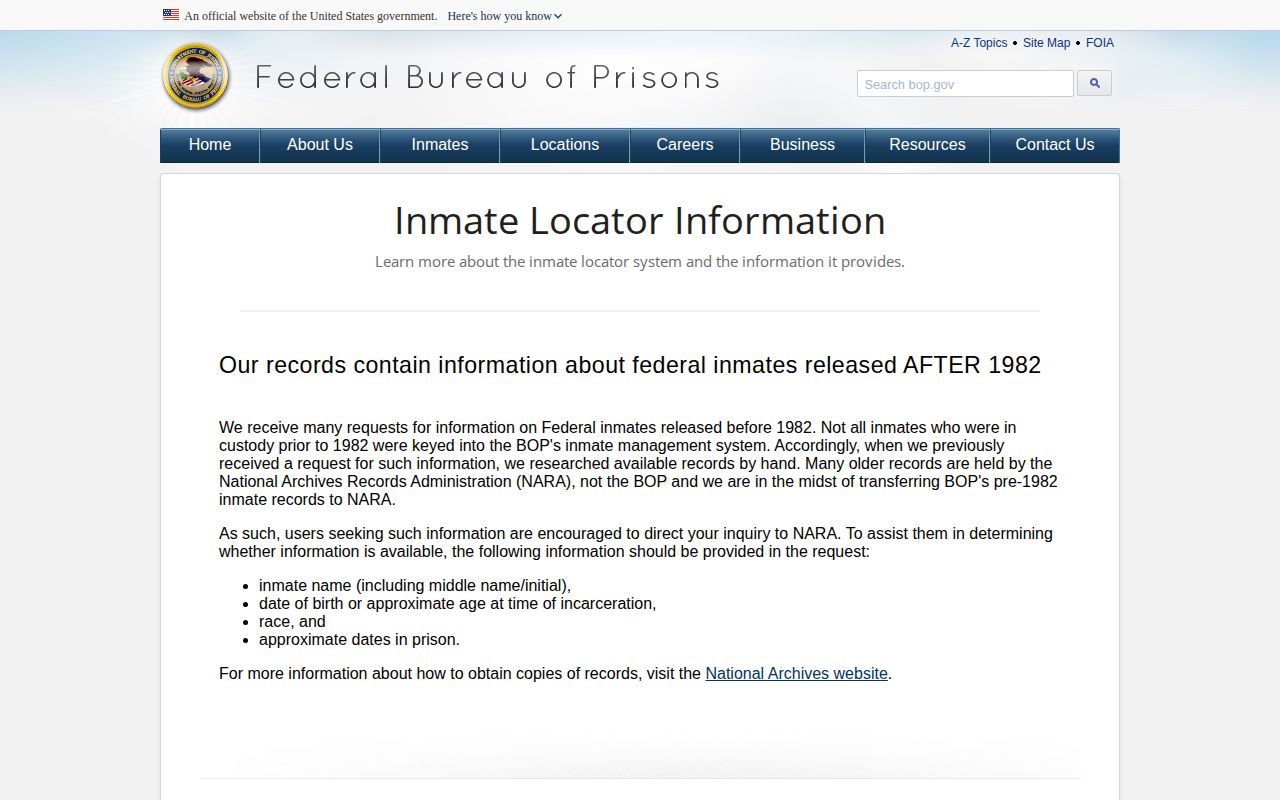 BOP released, unknown, and projected field definitions for federal release records