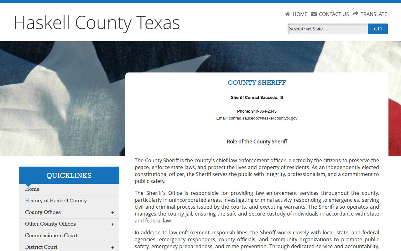 Haskell County Jail release records contact on the Sheriff page